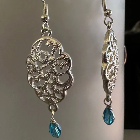 Intricate Silver Earrings with Blue Accent - Picture 5 of 5